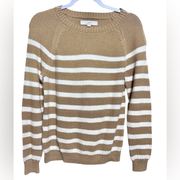 LOFT Tan & White Striped Cotton Sweater Women’s Size M | Neutral Everyday - Picture 2 of 6